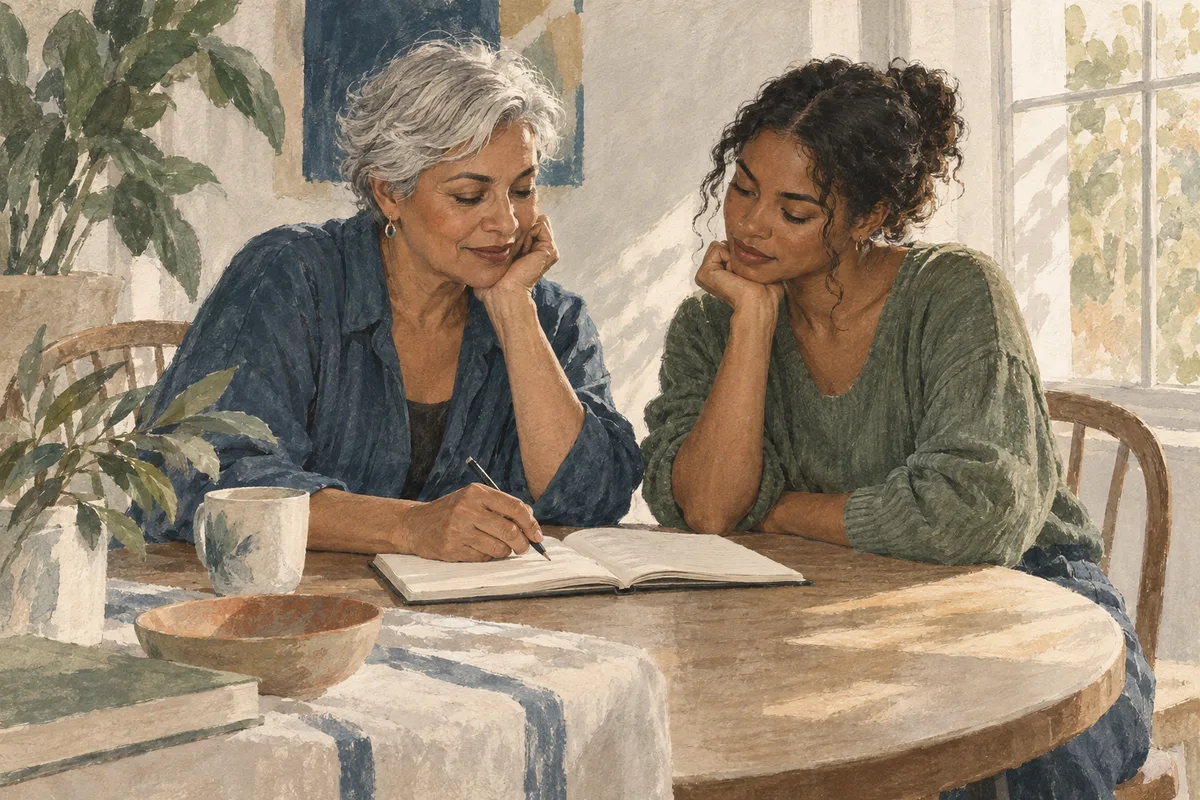 Ilustração em aquarela de duas mulheres de gerações diferentes conversando sobre um caderno à mesa.