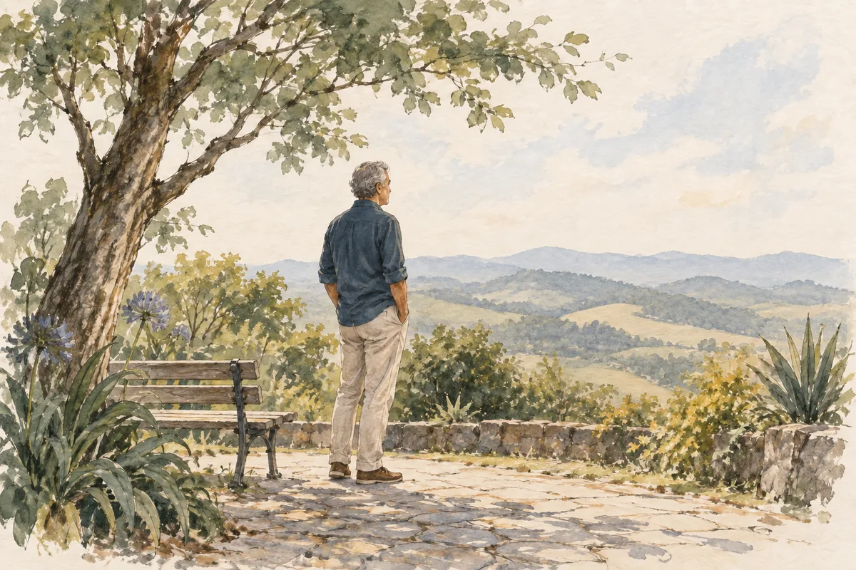 Ilustração em aquarela de um homem diante de uma paisagem de colinas, junto a uma árvore e um banco.