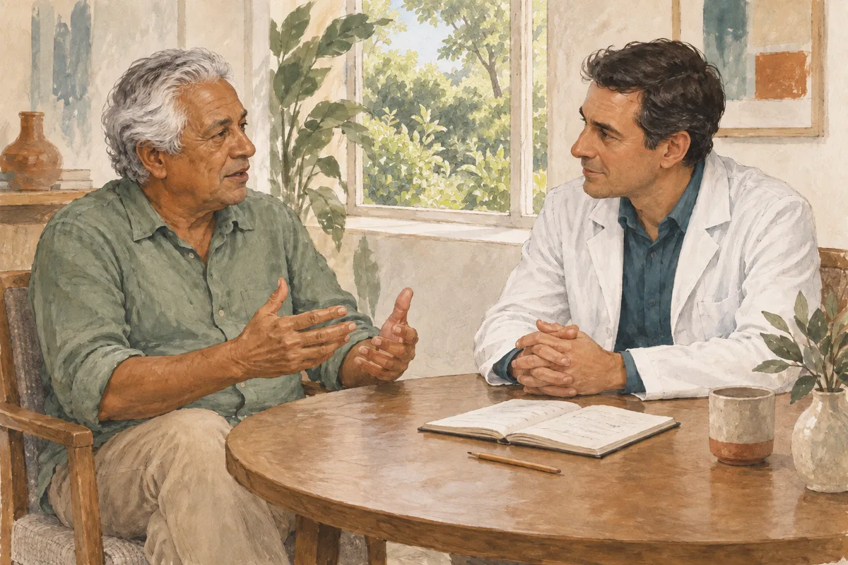 Cena ilustrativa de um paciente conversando com um médico, que o escuta à mesa.
